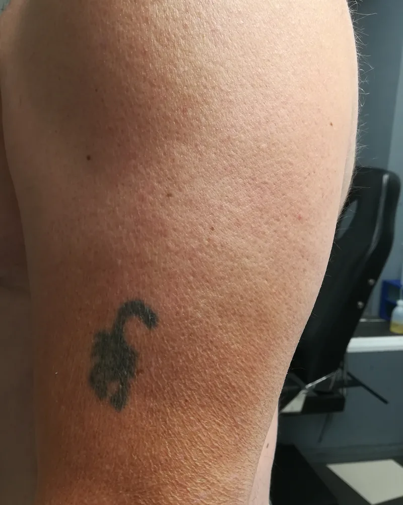 Petit scorpion tatoué sur le haut du bras, avant le cover up