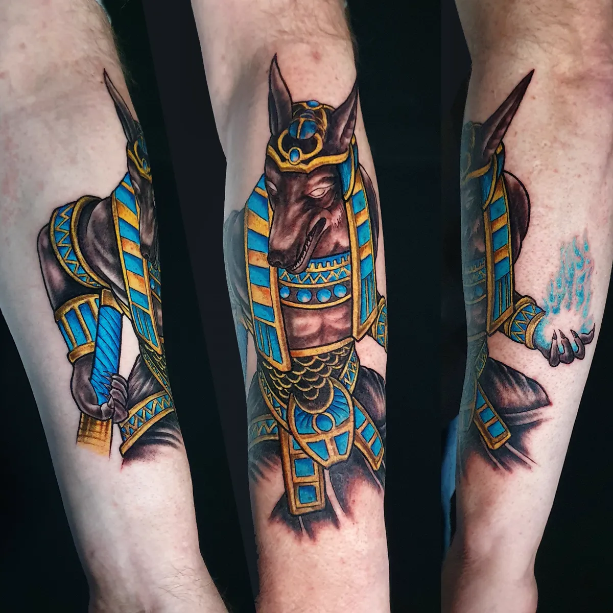 Anubis tenant une orbe enflammée, tatouage sur l'avant-bras