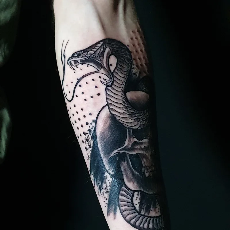 Serpent et crâne en noir et gris avec des points, autre vue de l'avant-bras, tatouage trash polka